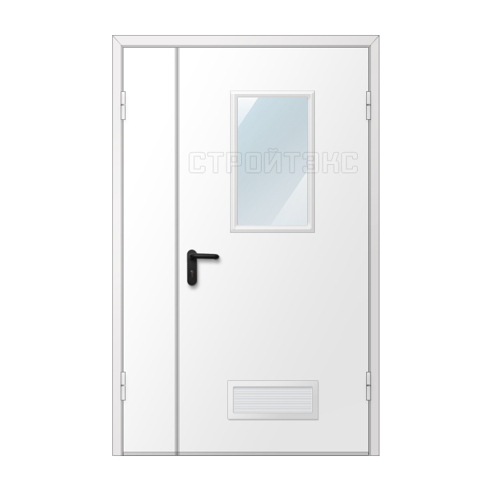 Дверь двупольная металлическая с вентиляционной решеткой и остеклением 300х600