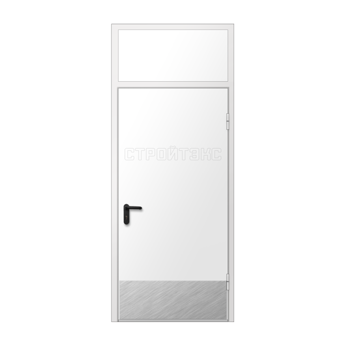 Дверь противопожарная металлическая EIS60 с накладкой из нержавеющей стали и фрамугой однопольная