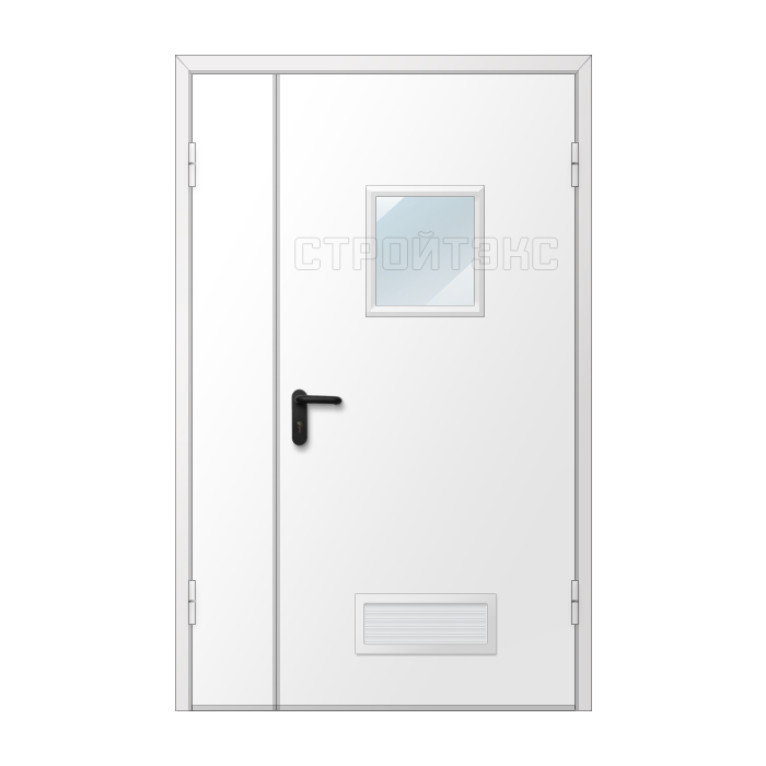 Дверь двупольная металлическая с вентиляционной решеткой и остеклением 300х400