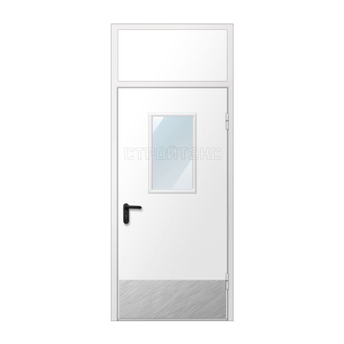 Дверь противопожарная металлическая остекленная EIS60 300х600 с фрамугой и накладкой из нержавеющей стали